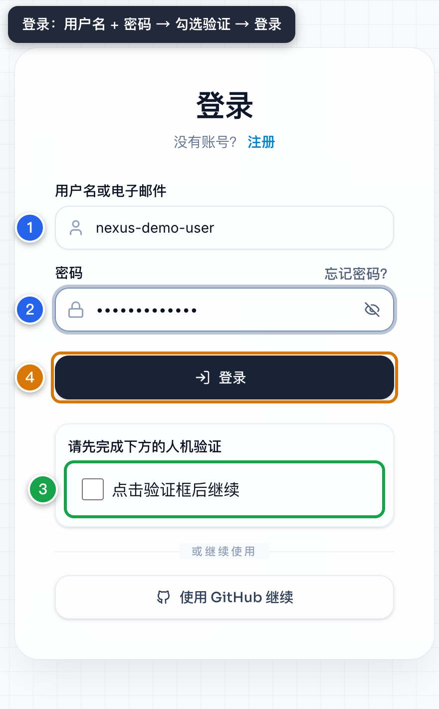 登录页面：填用户名和密码，勾选下方的人机验证，再点登录
