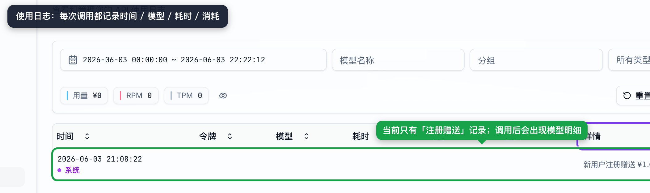 使用日志:每次调用都会记录时间 / 模型 / 耗时 / 消耗